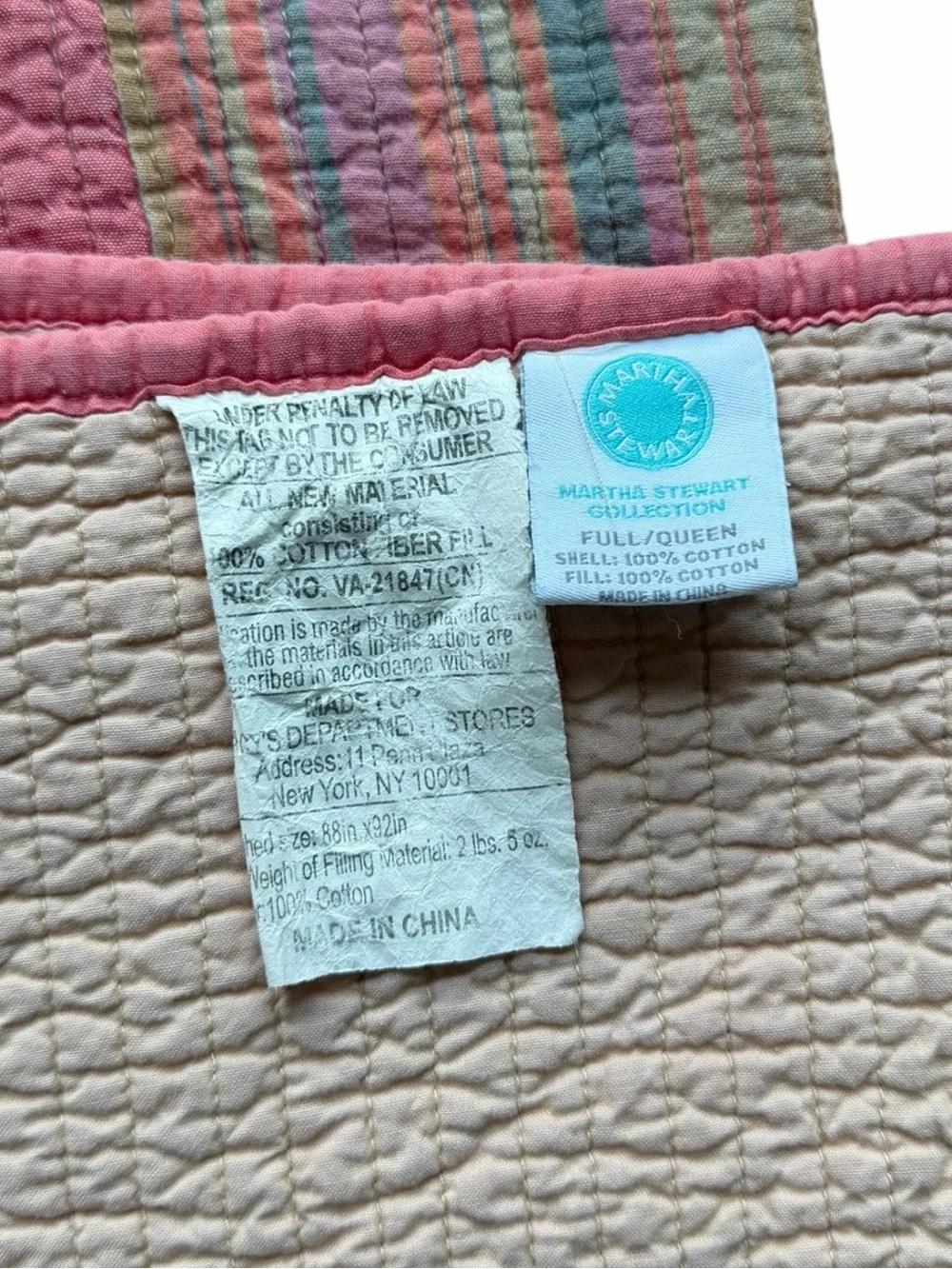 Martha Stewart Collection Reversible Full Queen Quilt Pink Blue Stripe Cotton